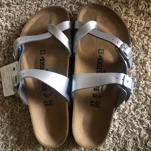 Silver women’s Birkenstock’s